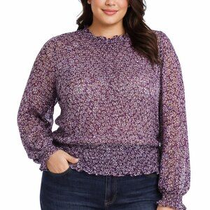 Purple Floral Smocked Blouse XL Sheer Long Sleeve Boho Top